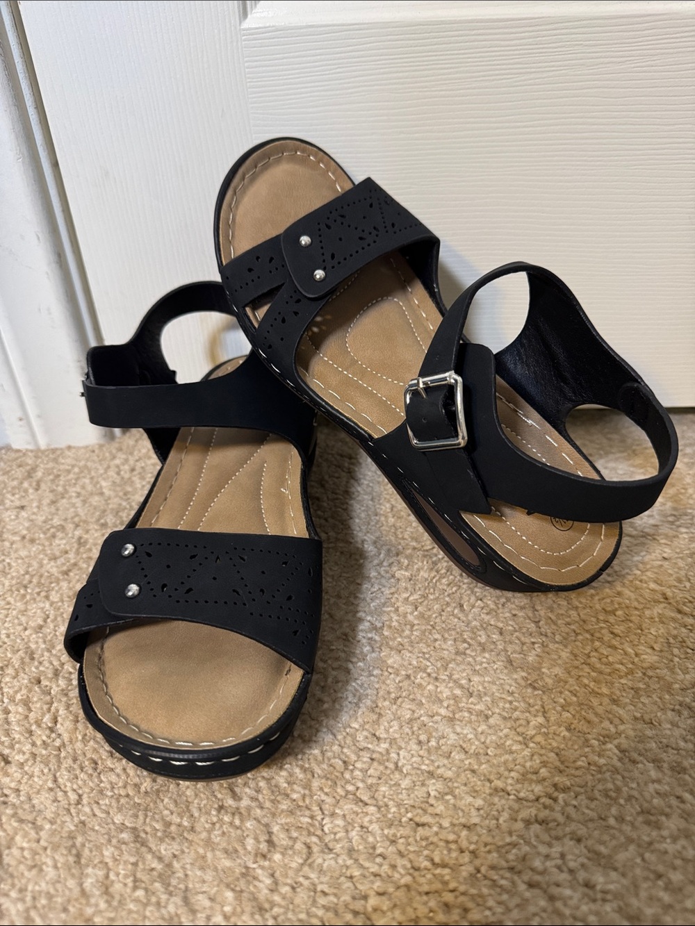 American Exchange Black Strap Sandals with Tan Insole